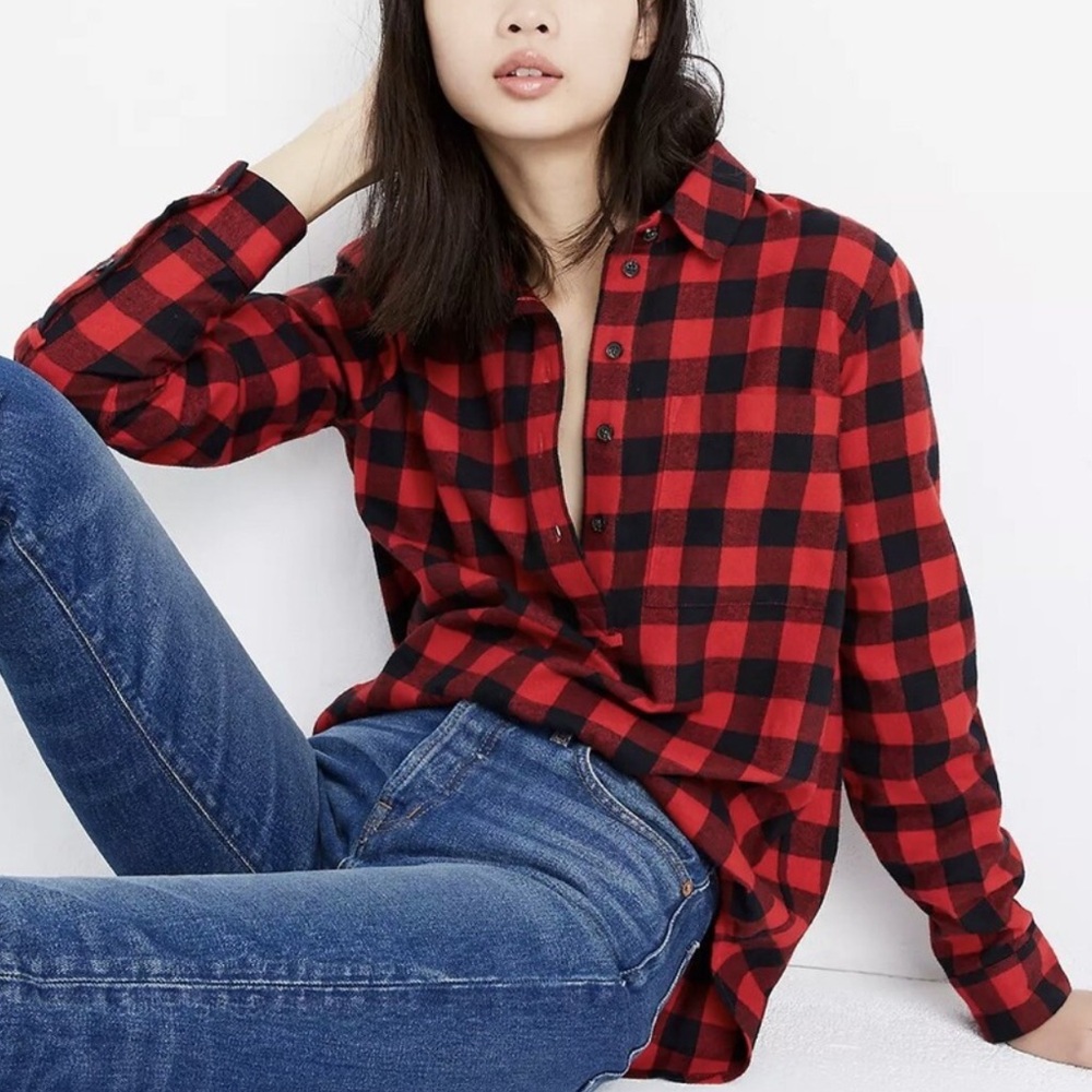 Madewell Red and‎ Black Buffalo Check Plaid Pullover Top
